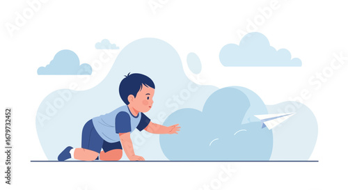 Child crawling after paper airplane and clouds in a whimsical illustration