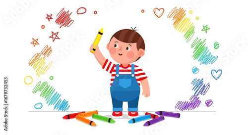 Child Creating Colorful Art with Crayons Showcasing Imagination and Creative Expression