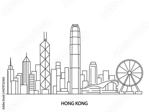 Minimalistic black and white vector illustration of continuous city skyline with iconic landmarks of Hong Kong, China