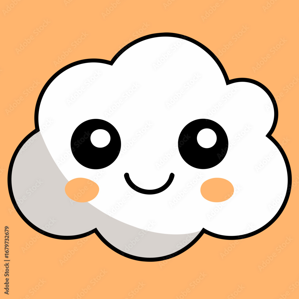 Fototapeta premium Cute cartoon cloud character with a smiling face, large expressive eyes, and soft rounded edges, set against a warm orange background, conveying a cheerful and whimsical atmosphere