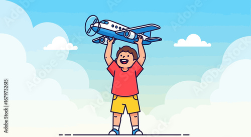 Child Dreams Of Flight And Holds A Toy Airplane High Up In The Sky With Clouds