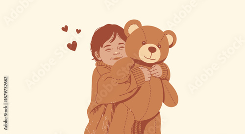 Child Embraces A Soft Toy Teddy Bear, Symbolizing Tenderness And Affection