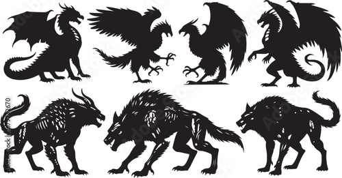 Mythical Creatures Silhouettes Dragons Griffins and Monstrous Wolves Unite in a Darkly Enchanting Fantasy Bestiary Composition