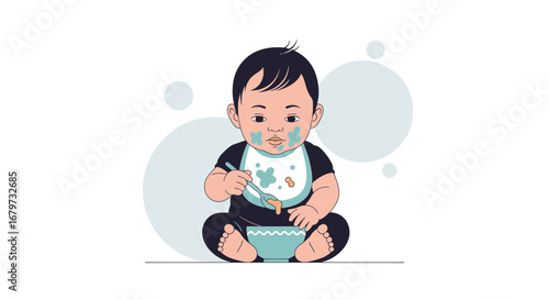 Child Eating Meal Cartoon Illustration Depicting Infant Messy Eating Experience