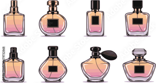 Flat icon set of parfume bottles. Man and women fragrances in various shaped bottles.
