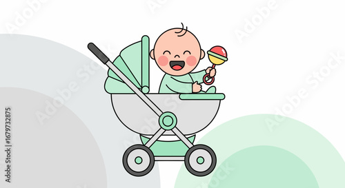 Cheerful Baby in a Stroller Holding a Rattle, Expressing pure Joy, Cartoon Illustration