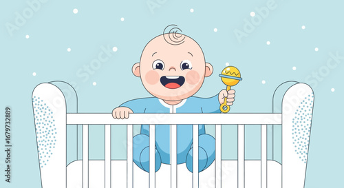 Cheerful Baby in Crib Smiling and Holding a Yellow Rattle against a blue Background