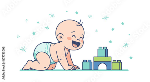 Cheerful baby playing with building blocks and smiling in a delightful vector illustration