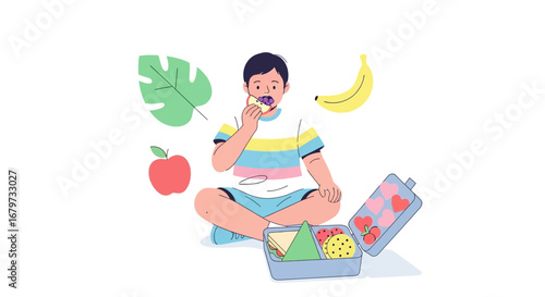 Child Enjoying Healthy Lunch: A Delightful Scene of Balanced Nutrition, Simple Illustrated.