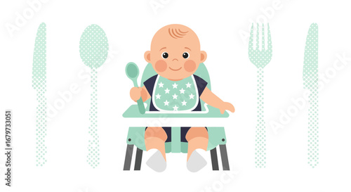 Cheerful Baby Preparing For A Mealtime, Sitting In A High Chair Surrounded By Utensils