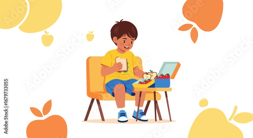 Child Enjoying Healthy Lunch, Illustrated Depiction Of A Happy Kid With Food At Recess Time