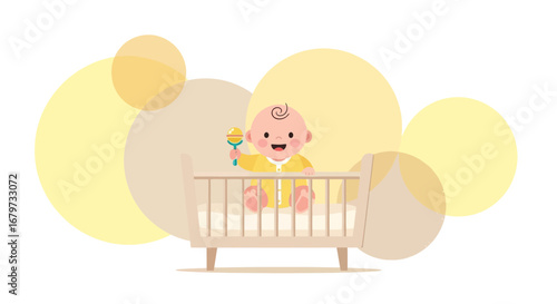 Cheerful Baby Smiling and Playing in Crib with Rattle, Cartoon Illustration