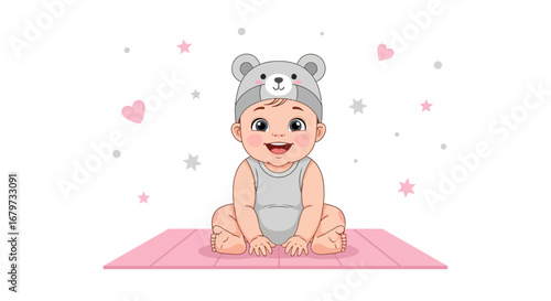Cheerful Baby Wearing A Bear Hat, Smiling, Over Pink Mat With Decorative Elements