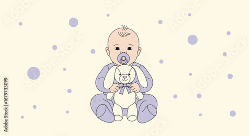 Cheerful baby with a pacifier holding a bunny toy in a soft, whimsical illustration
