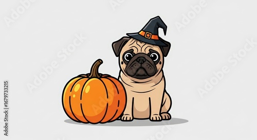 Cute Cartoon Pug Dog Wearing a Witch Hat with a Halloween Pumpkin Isolated on a White Background