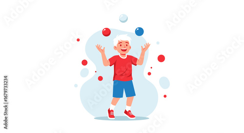 Cheerful Boy Having Fun Jugging Colorful Balls In Creative Animated Illustration