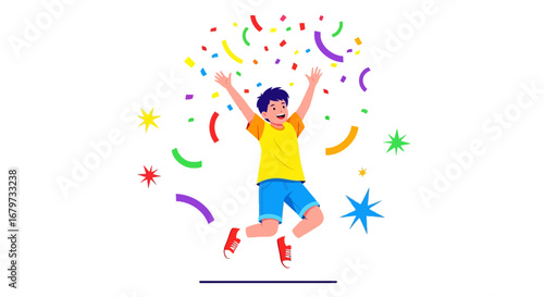 Cheerful Boy Jumping In The Air With Rainbow Confetti Celebrating Happiness