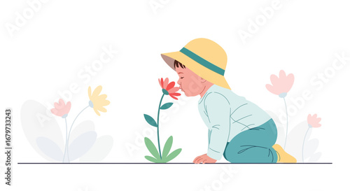 Child Exploring Aromatic Floral Bloom: A Study in Childhood Curiosity and Fragrance