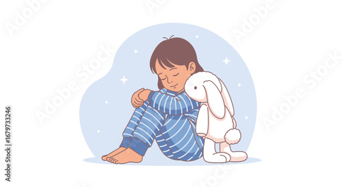 Child Enveloped In Slumber, Cuddling Plush Toy Amidst Celestial Backdrop