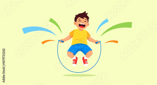 Cheerful Boy Jumping Rope with Colorful Streamers, Joyful Activity Illustration
