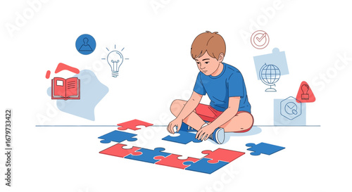 Child Focused on an Educational Puzzle that Represents the Learning Process