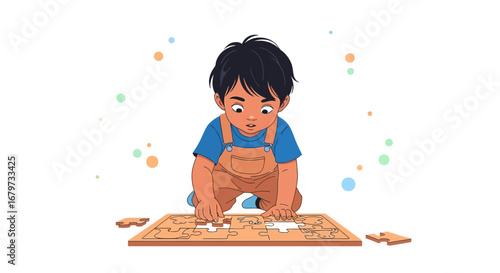Child Focused On A Jigsaw Puzzle, Illustrating Development and Problem-Solving Skills