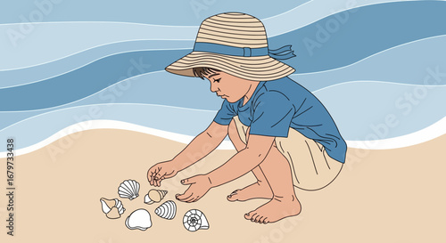 Child Finding Seashells On Beach, Capturing Quiet Moment, Artistic Illustration