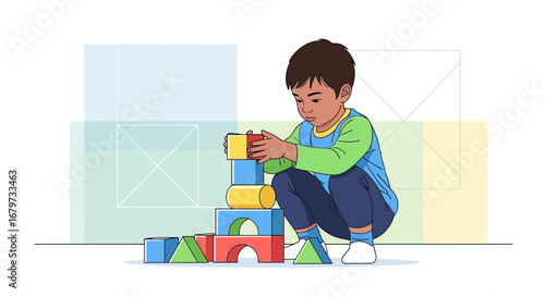 Child Focused On Constructing Tower Of Colorful Blocks In A Charming And Pleasant Scene
