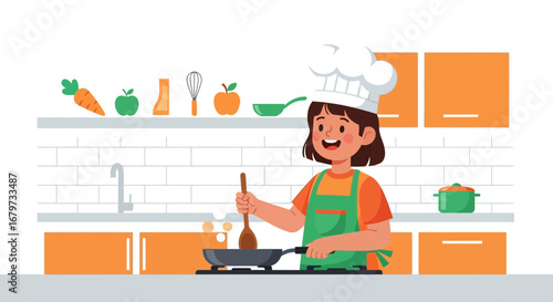 Cheerful Chef Preparing Food in a Clean Kitchen with Bright Elements