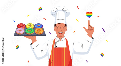 Cheerful chef presenting donuts with pride flag elements for a bakery or food concept
