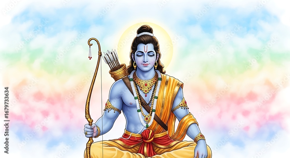 Fototapeta premium Lord Rama meditating with bow and arrow Hindu god Indian deity