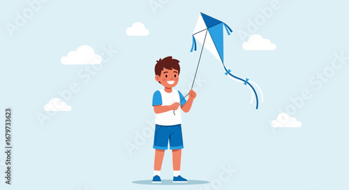Child having fun with a kite flying in the sky under the sun