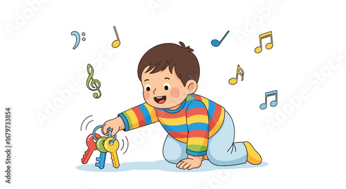 Cheerful Child Playing With Musical Elements and Keys On White Background