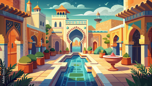 Medina of Fez, Morocco, winds with ancient gates, tiled fountains, and maze-like alleys. Soft diffused sunlight; semi-realistic flat vector focused on arches, color mosaics, layered urban texture, and
