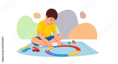 Child Joyfully Assembles Toy Train Track, Focused Interest, Playful Hobby, Pure Delight, Happy Hours