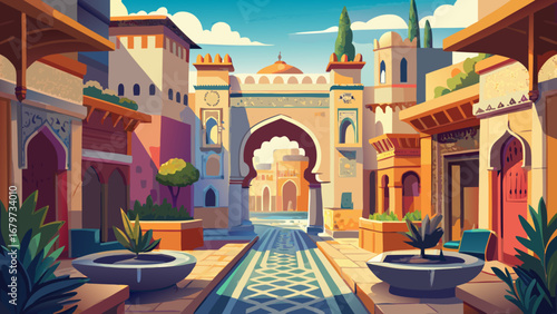 Medina of Fez, Morocco, winds with ancient gates, tiled fountains, and maze-like alleys. Soft diffused sunlight; semi-realistic flat vector focused on arches, color mosaics, layered urban texture, and