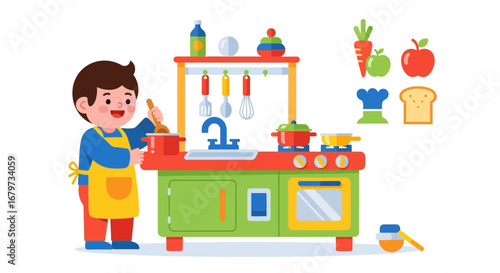 Child Joyfully Preparing Food With Kitchen Toys For Culinary Adventure