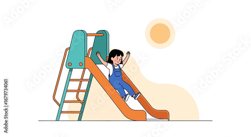 Child Joyfully Sliding Down Play Equipment with a Bright Sun in Background Scene