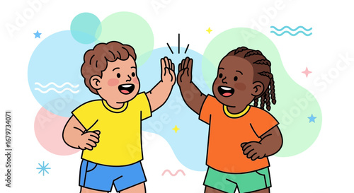 Cheerful Childhood Friendship: Kids Celebrate with Enthusiastic High Five Gesture