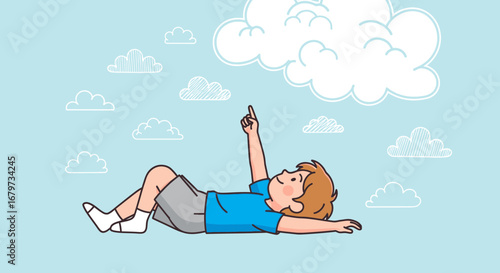 Child Lying Down Looking At Dreamy Clouds In The Sky With A Playful and Engaging Pose