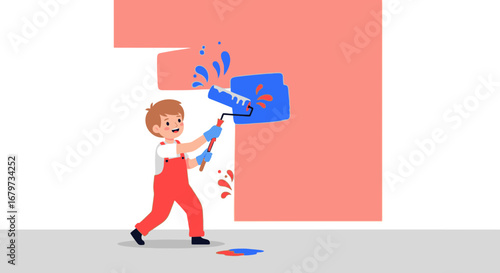 Child Painting The Wall With Paint Roller For Home Renovation And Design