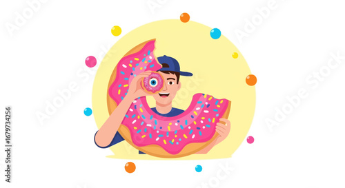 Cheerful Fellow Holding a Giant Donut, Looking Through the Sweet Treat's Hole, Delightful