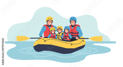 Cheerful Family Rafting Adventure: Joyful Moments On Waters During The Summer Holiday Vacation
