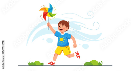 Child Playfully Engaging With Windmill Toy While Experiencing The Breezy Vigor