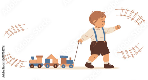 Child Playfully Exploring And Enjoying A Fun Day With Their Toy Train Cartoon