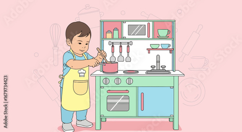 Child Playing In The Kitchen Cooking On A Play Kitchen Set And Smiling Happily