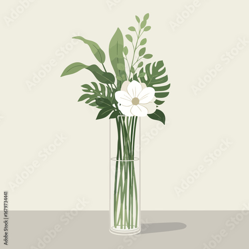 Minimalist Tropical Flower Arrangement in Glass Vase Illustration.