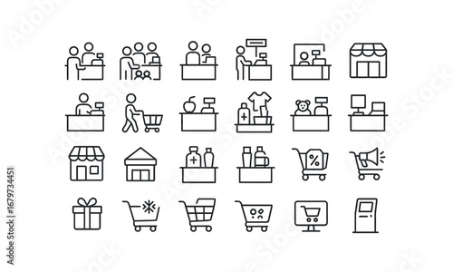 vector outline icons Checkout Line (Types) checkoutline single checkoutline multiple checkoutline express checkoutline self checkoutline staffed checkoutline manual checkoutline auto.