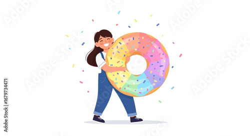 Cheerful Girl Embracing Giant Colorful Donut Celebrating with Falling Confetti Scene