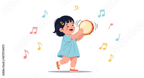 Child Playing Tambourine and Singing Cute Kids Music Illustration, Joyful Performance